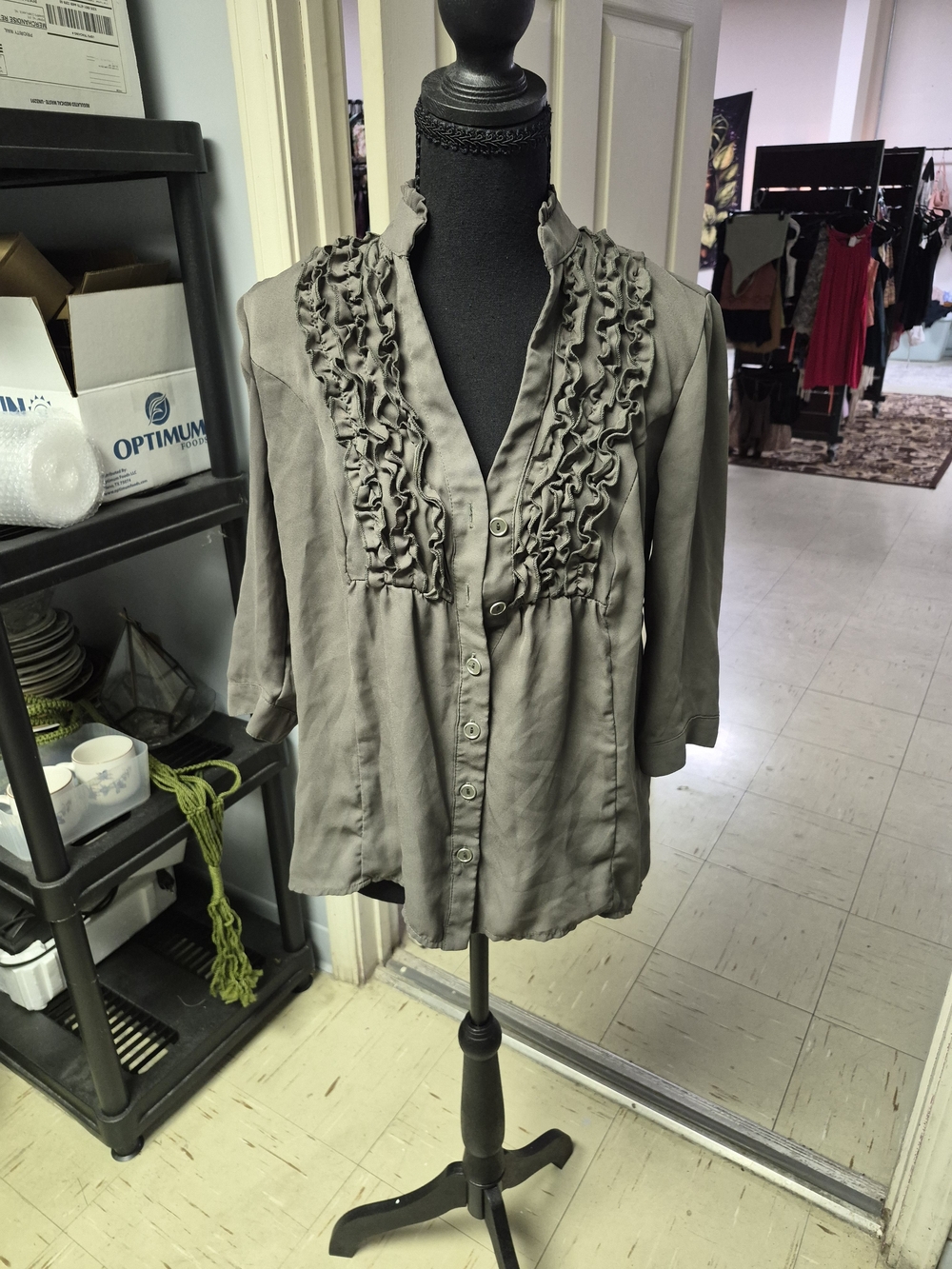 Gray Green Ruffle Front Button Blouse